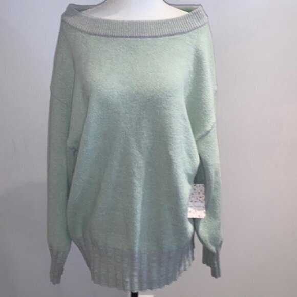 Free people lime green gray off the shoulder tunic sweater size XS - Picture 3 of 16